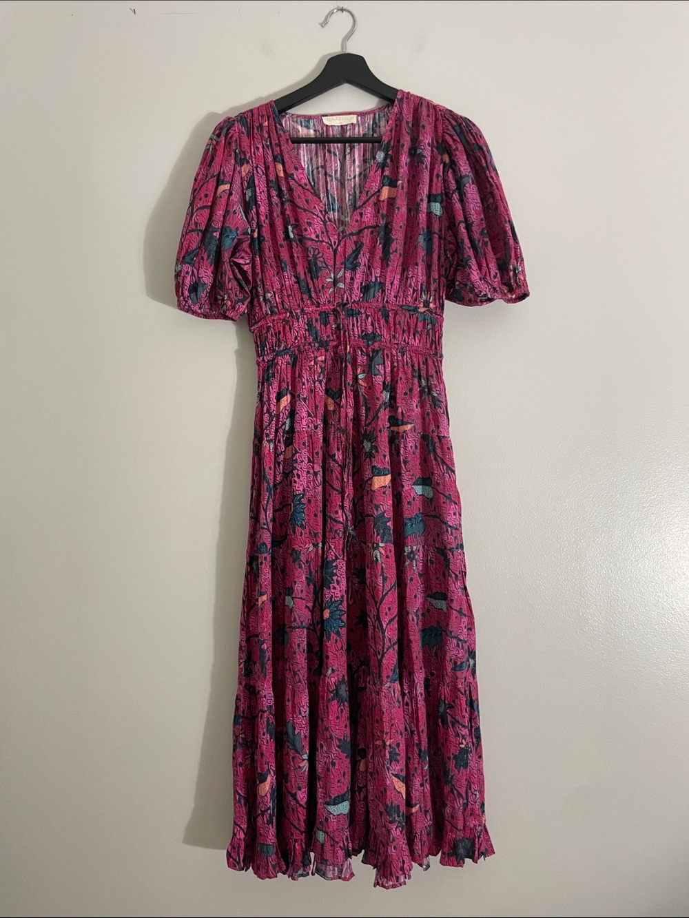 Ulla Johnson Maxi Dress Cotton Floral Smocked Waist 4 Bohemian
